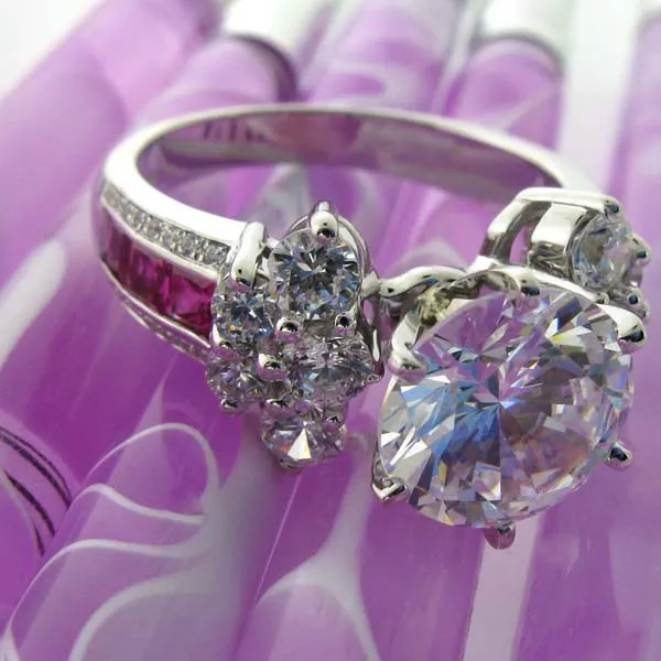 4 Carat Round Cubic Zirconia With Ruby Princess Sides in Channel Engagement Ring in 14K White Gold