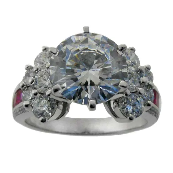 4 Carat Round Cubic Zirconia With Ruby Princess Sides in Channel Engagement Ring in 14K White Gold