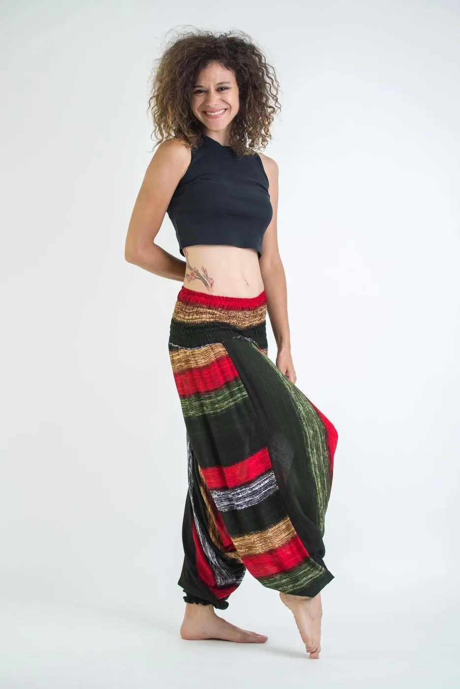Boho Striped 2-in-1 Jumpsuit Harem Pants in Green