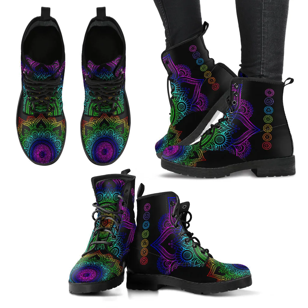 Combat Boots for Women - Chakra Mandala | Unique Custom Faux Leather Shoes, Cruelty-free Vegan Handmade Lace Up