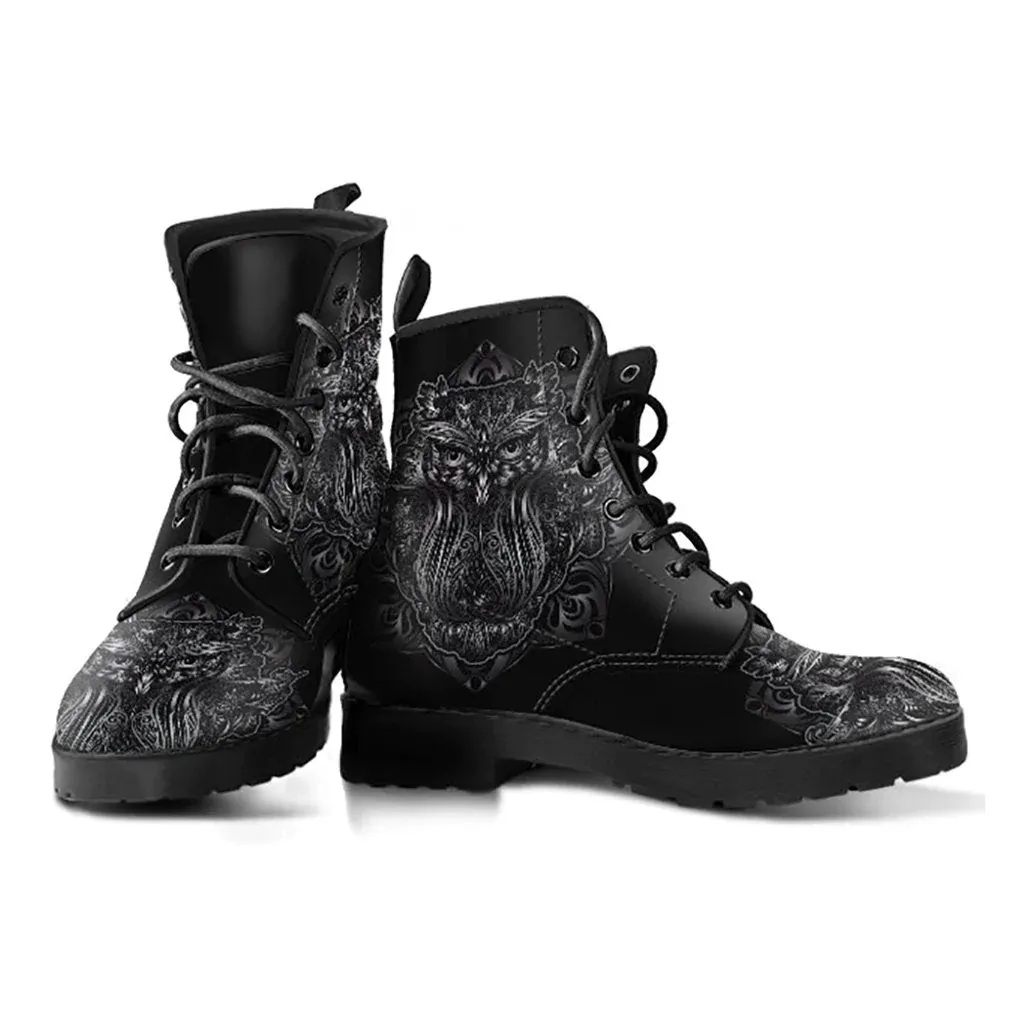 Combat Boots for Women - Owl 2 Handcrafted Boots | Unique Custom Faux Leather Shoes, Cruelty-free Vegan Handmade Lace Up