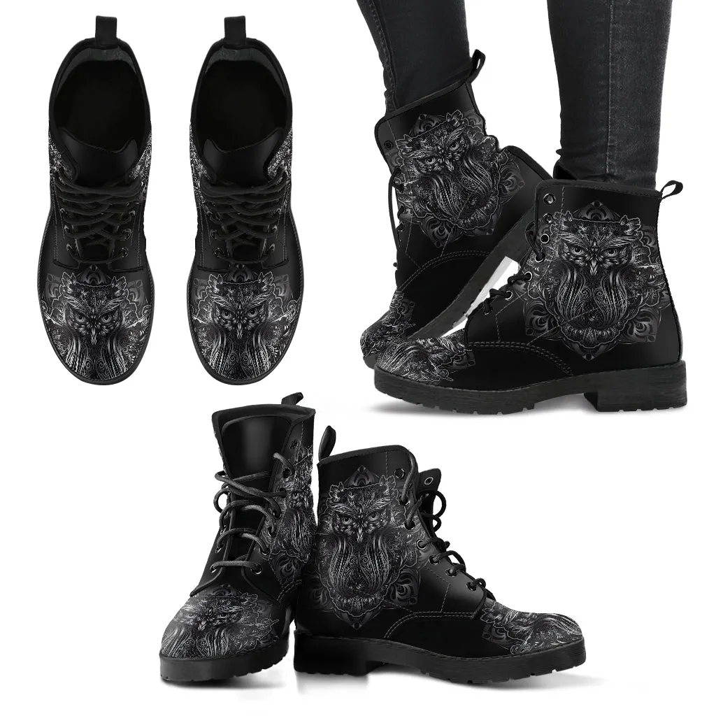 Combat Boots for Women - Owl 2 Handcrafted Boots | Unique Custom Faux Leather Shoes, Cruelty-free Vegan Handmade Lace Up