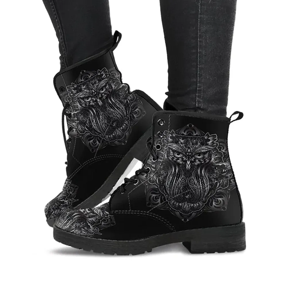 Combat Boots for Women - Owl 2 Handcrafted Boots | Unique Custom Faux Leather Shoes, Cruelty-free Vegan Handmade Lace Up