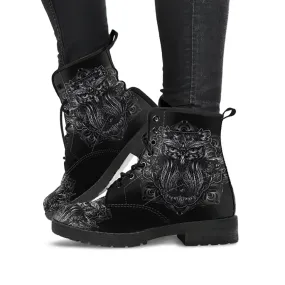 Combat Boots for Women - Owl 2 Handcrafted Boots | Unique Custom Faux Leather Shoes, Cruelty-free Vegan Handmade Lace Up