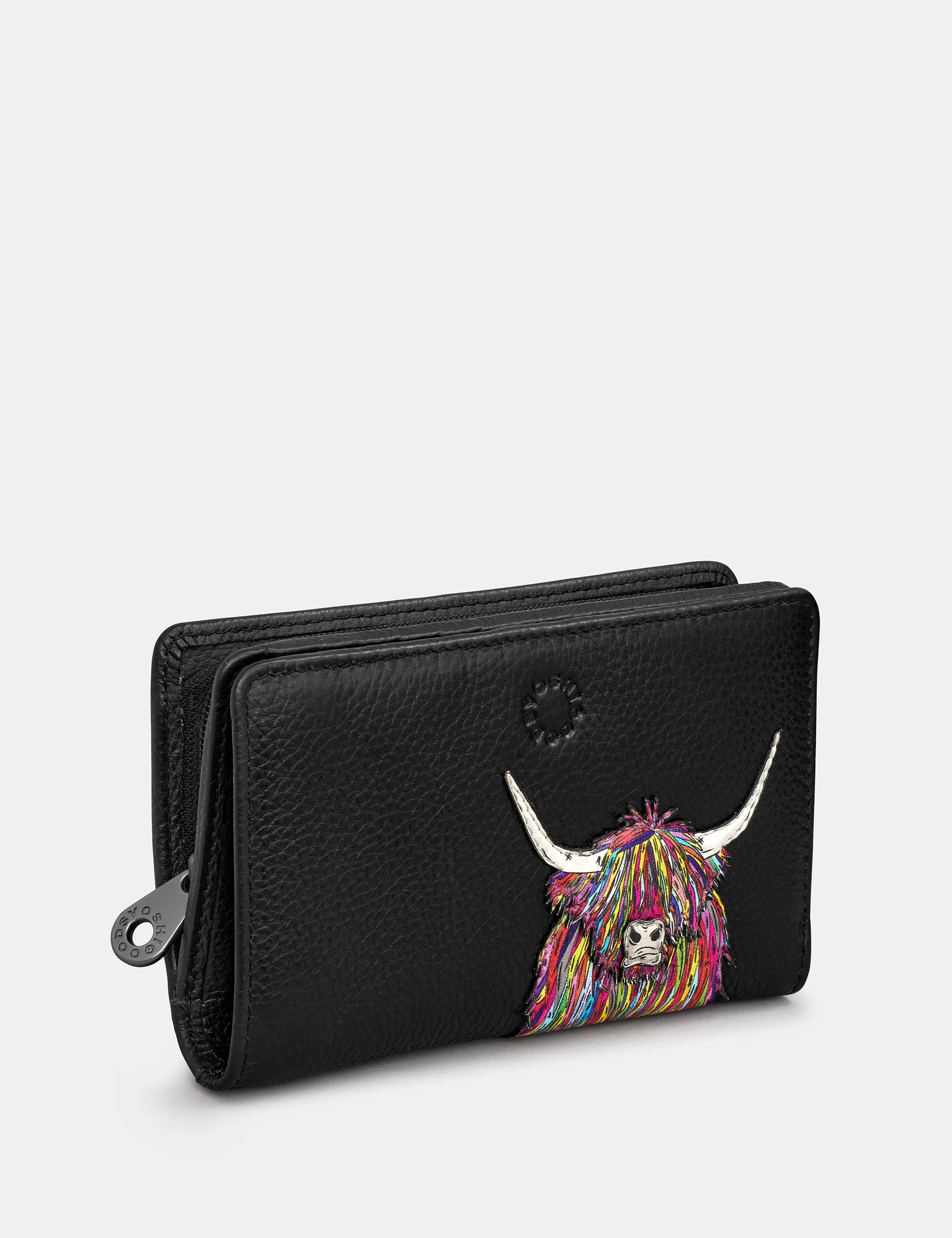 Highland Cow Black Leather Oxford Purse