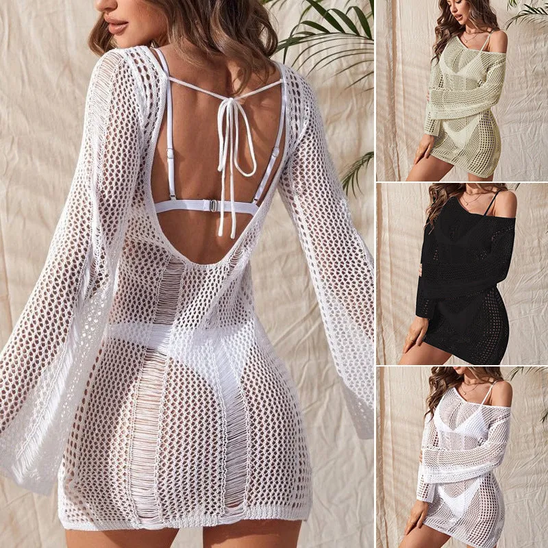 Knitted Hollow Backless Long Sleeve Swimsuit Blouse