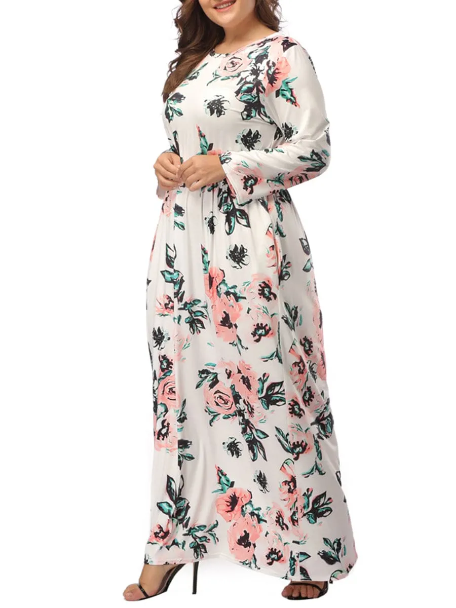 Lovely Round Collar Floral Pattern White Dress For Female Queen Size