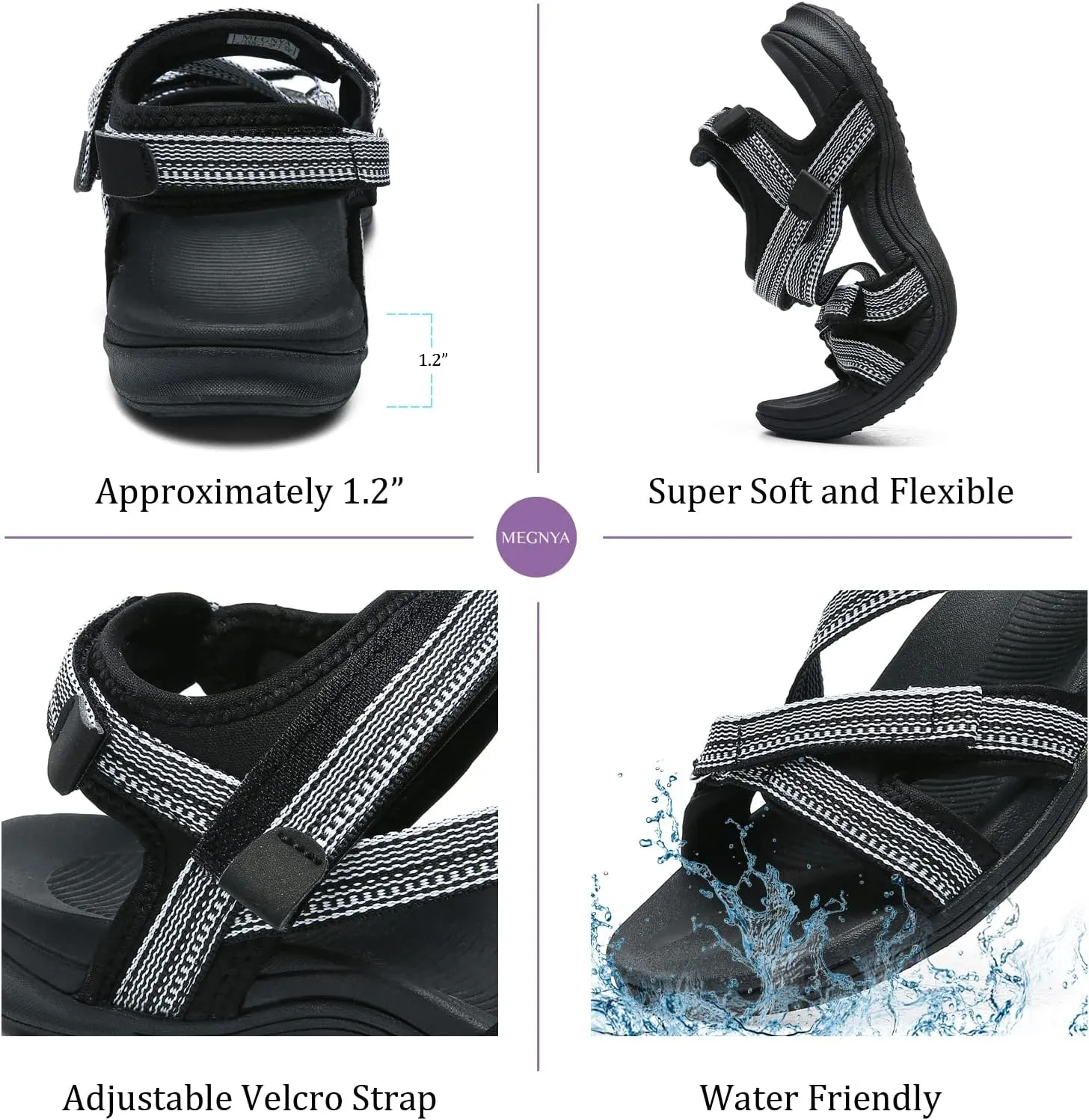 MEGNYA Womens Lightweight Cushion Sandals for Walking, Summer Outside Hiking Sandals with Adjustable Hook and Loop Straps