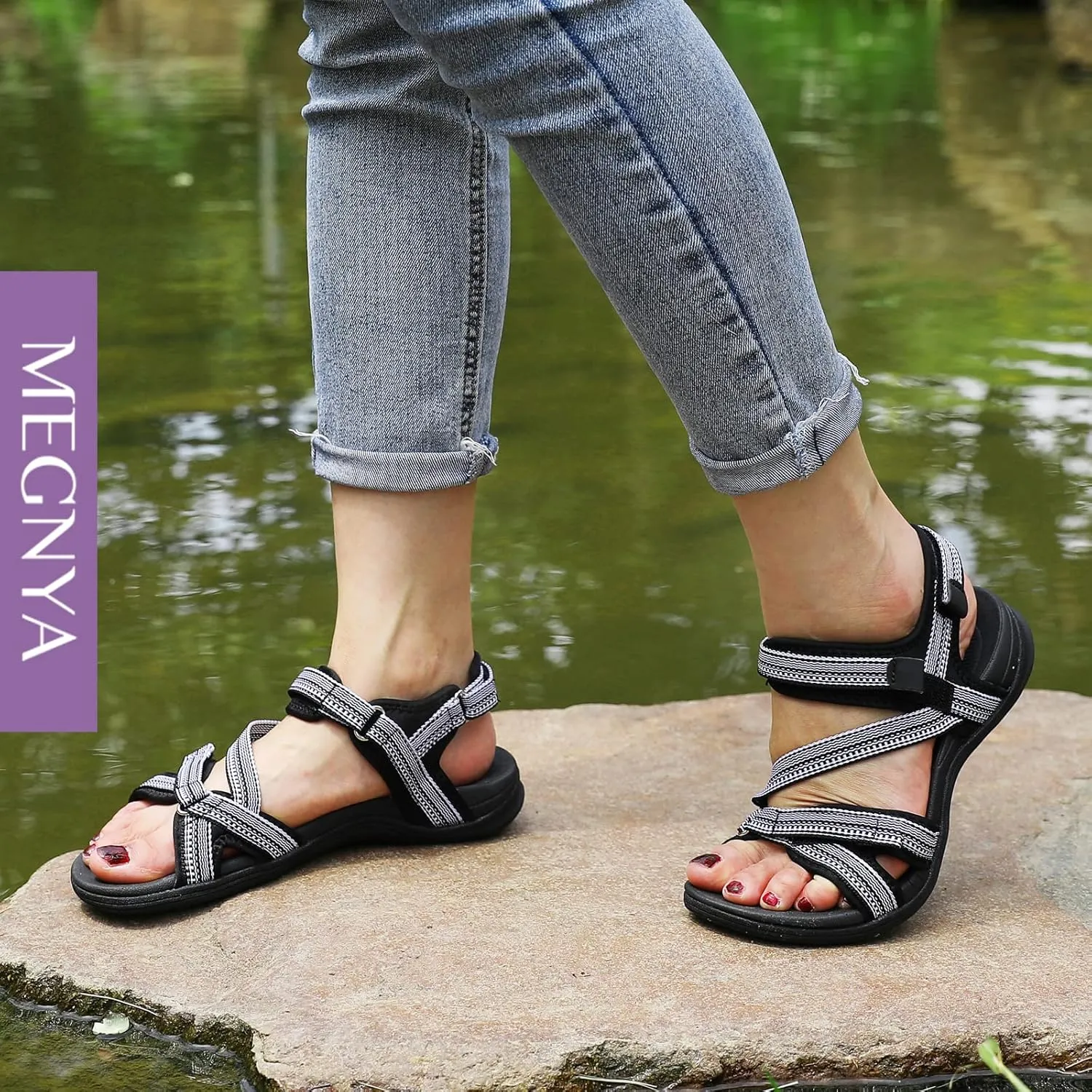 MEGNYA Womens Lightweight Cushion Sandals for Walking, Summer Outside Hiking Sandals with Adjustable Hook and Loop Straps