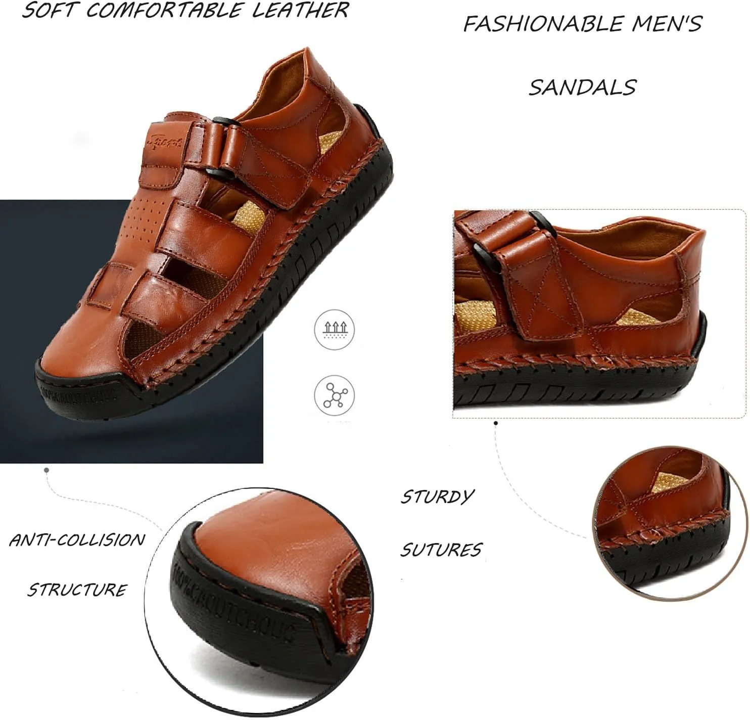 Men's Leather Hollow Out Hook Loop Flat Fisherman Sandals Closed Toe Head Soft Bottom Hand Stitching Wading Sandals Summer Comfort Anti-Slip Casual Wading Beach Sandals