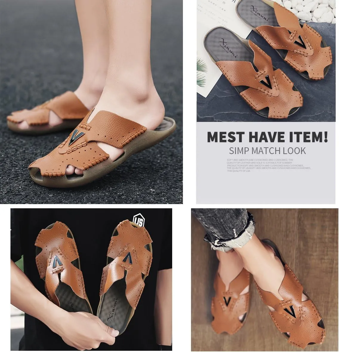 Mens Leather Sandals Casual Slippers Non-Slip Outdoor Slides Fashion Summer Beach Closed Toe Shoes