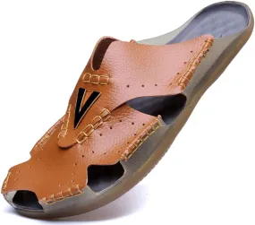 Mens Leather Sandals Casual Slippers Non-Slip Outdoor Slides Fashion Summer Beach Closed Toe Shoes