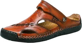 Mens Leather Sandals Hollow Closed Toe Summer Outdoor Casual Beach Shoes