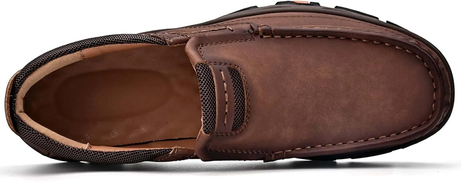 Mens Slip On Leather Loafers Casual Walking Shoes - Breathable Non Slip Cushioned Comfort | Handmade Stitching Reinforced Collar | Dress Office Work Outdoor Hiking Driving Shoes