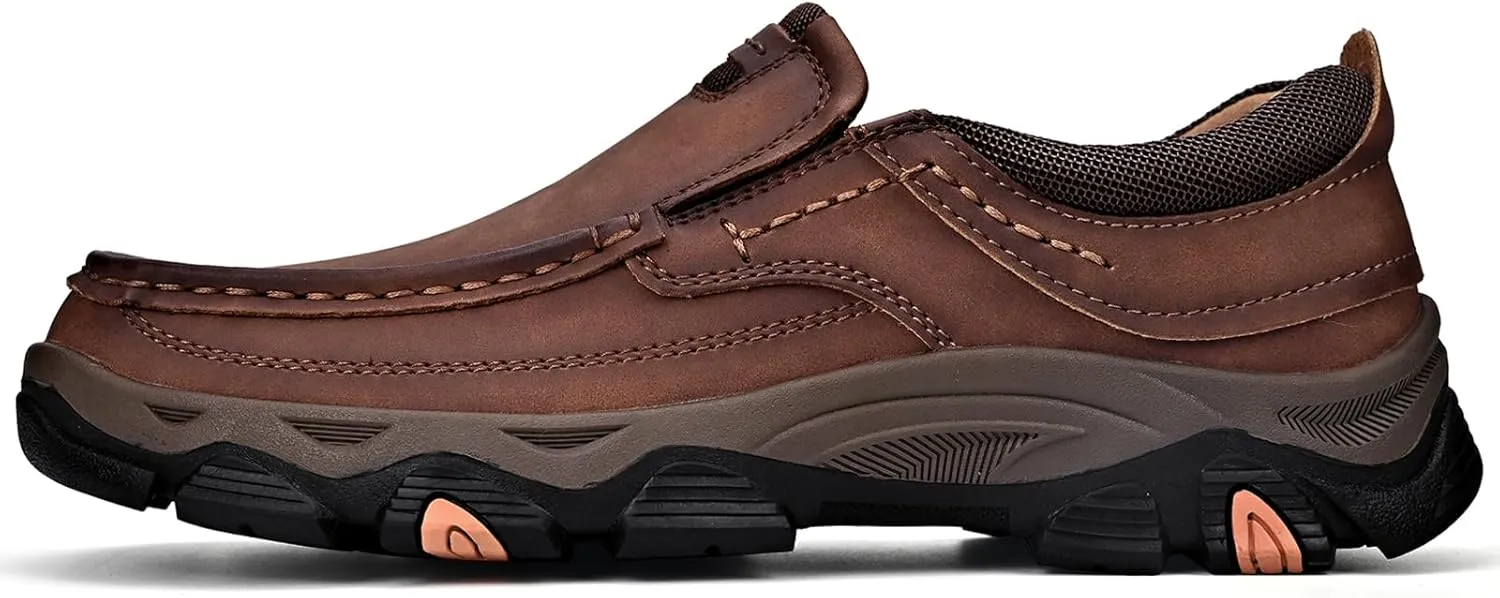 Mens Slip On Leather Loafers Casual Walking Shoes - Breathable Non Slip Cushioned Comfort | Handmade Stitching Reinforced Collar | Dress Office Work Outdoor Hiking Driving Shoes