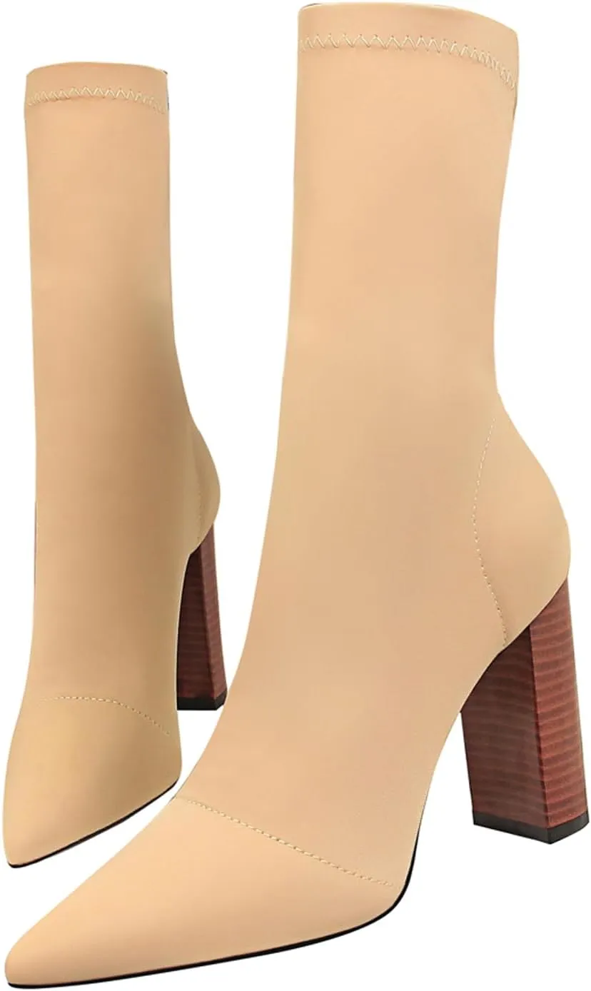 Women Short Bootie Stretch Close Pointed Toe Chunky Block High Heel Shoes Party Wedding Shoes Wedding Party Prom